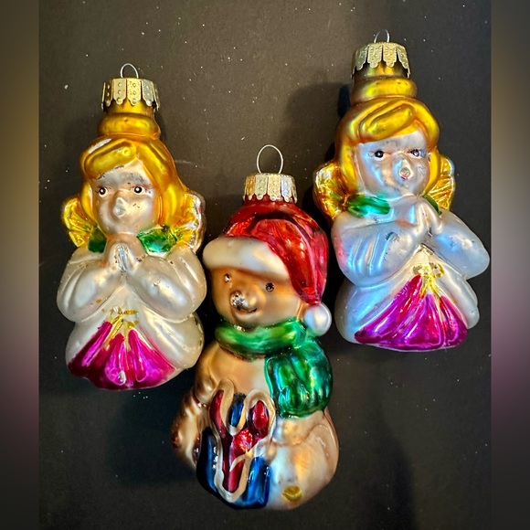 Vintage Ornaments Set of 3, Made in China. 2 Angels, 1 bear Hand blown NO BOX - Picture 1 of 10
